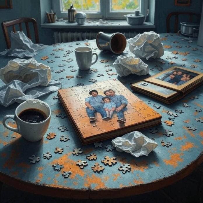 Messy kitchen table, will draft, mug, album, puzzle pieces.