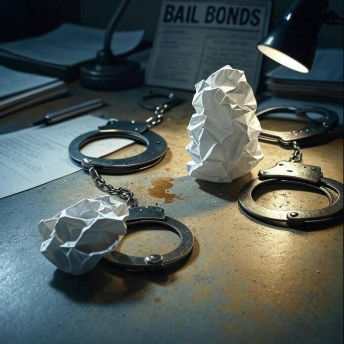The bail process, caught in a blurry, coffee-stained moment.
