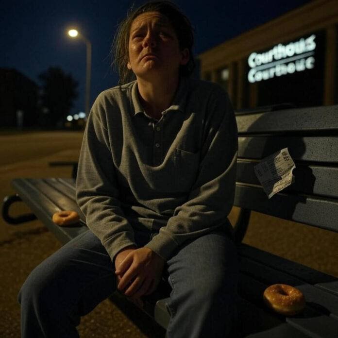 Frazzled person with ticket, courthouse, donut, nervous.