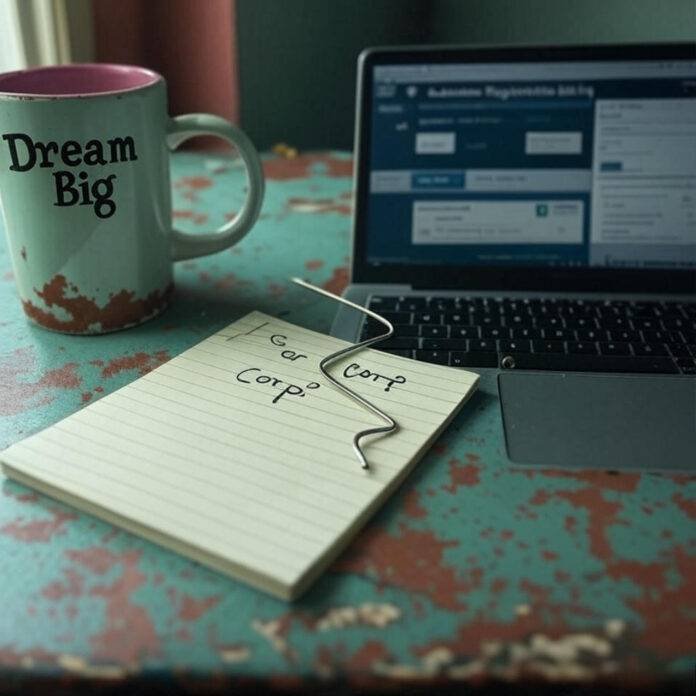 Cluttered desk with mug, legal pad, and flickering laptop.