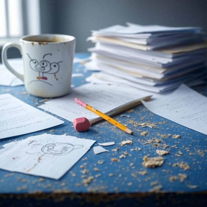 Blurry desk with papers, mug, drawing, pencil.