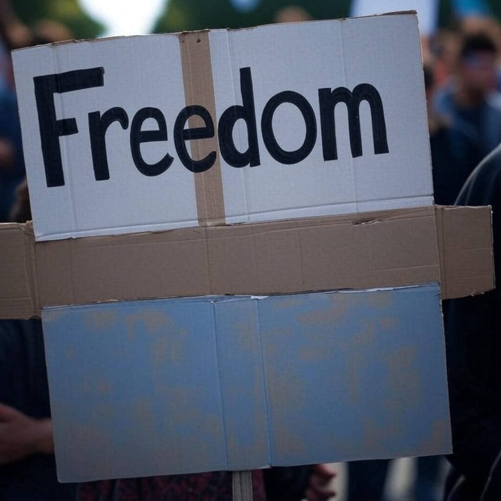 Upside-down freedom sign, asylum term mix-up.