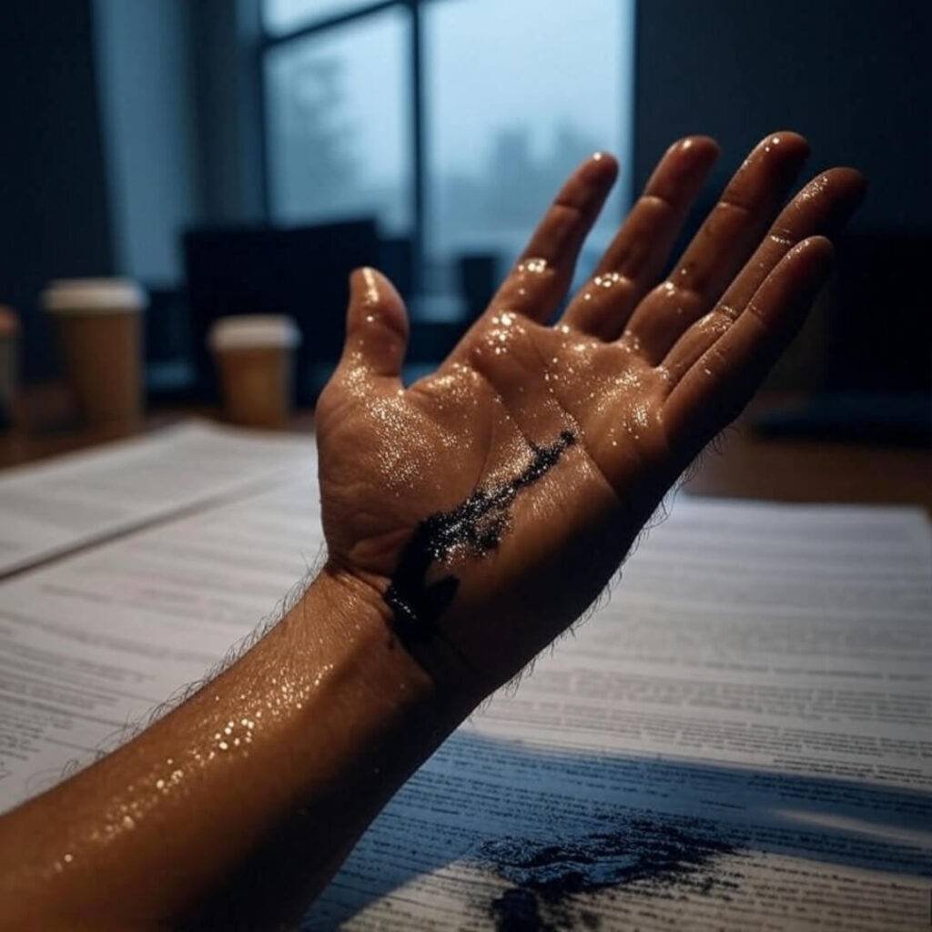Sweaty hand smudges trust document, rainy window.