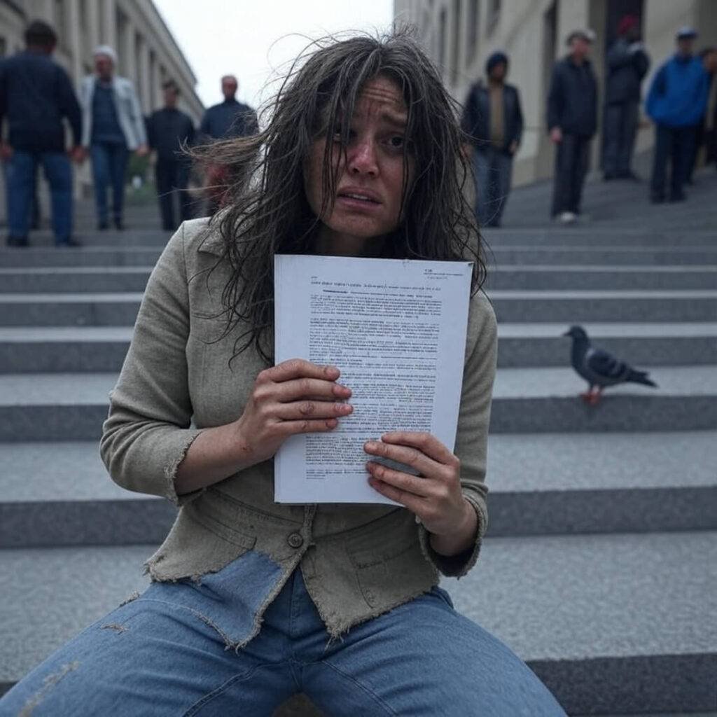 Tilted courthouse steps, affidavit, zombie look, pigeon.
