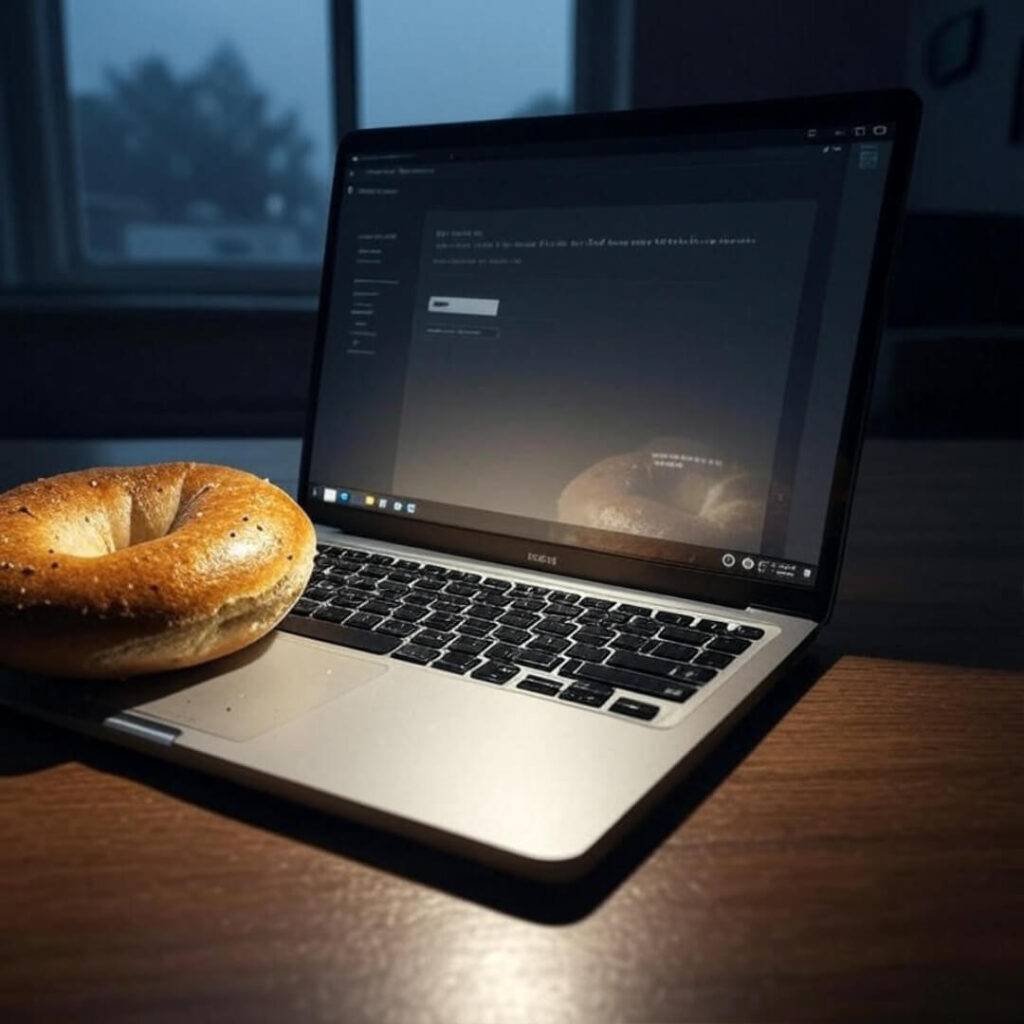Laptop with LLC email, stale bagel, rain.