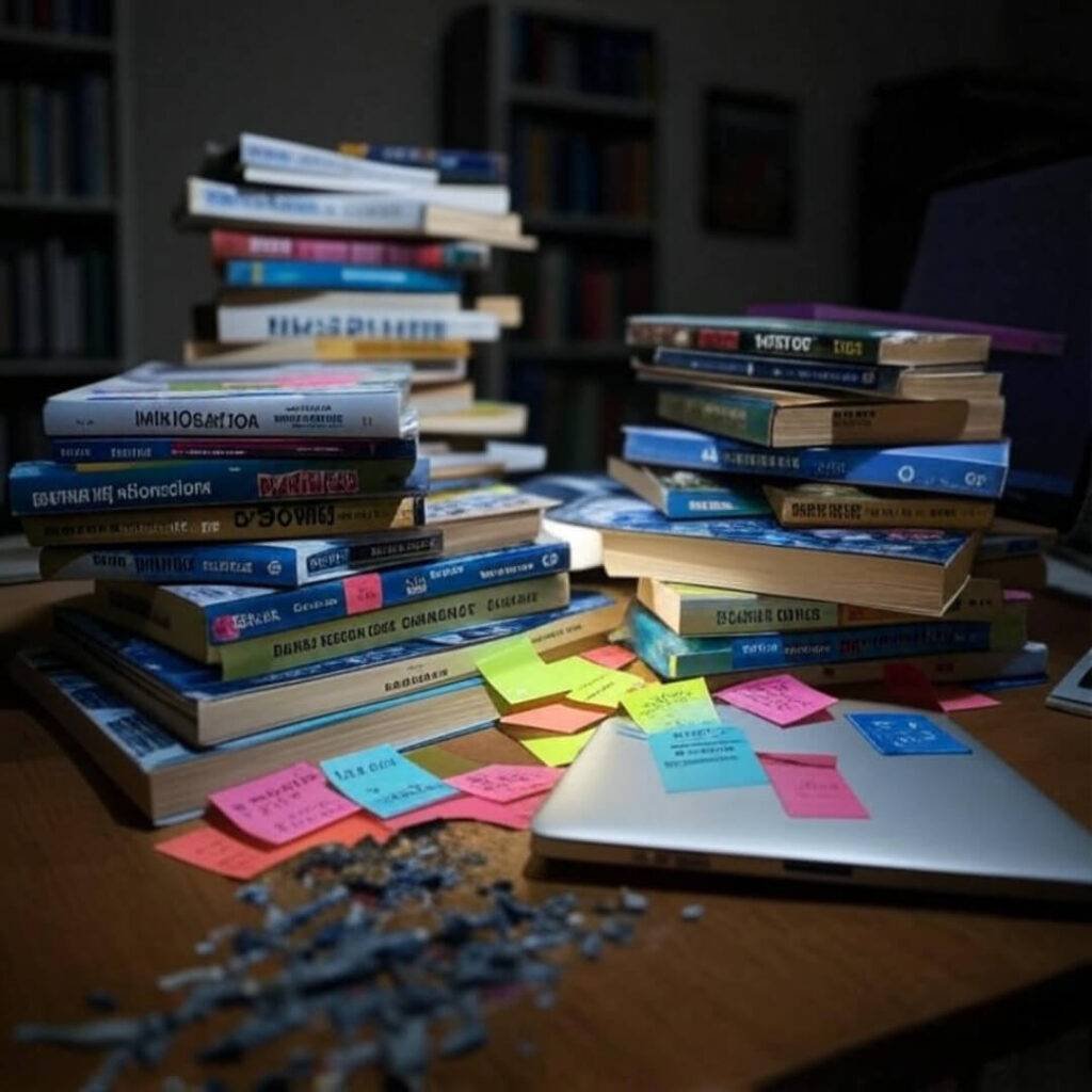 Messy stack of immigration books, notes, and laptop in a dim room.