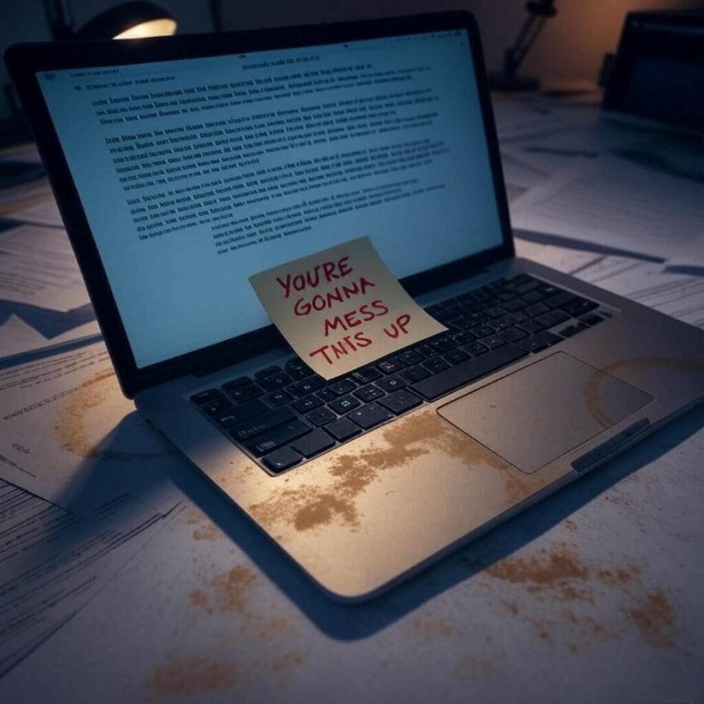 Over-the-shoulder laptop, coffee stains, panic sticky note.