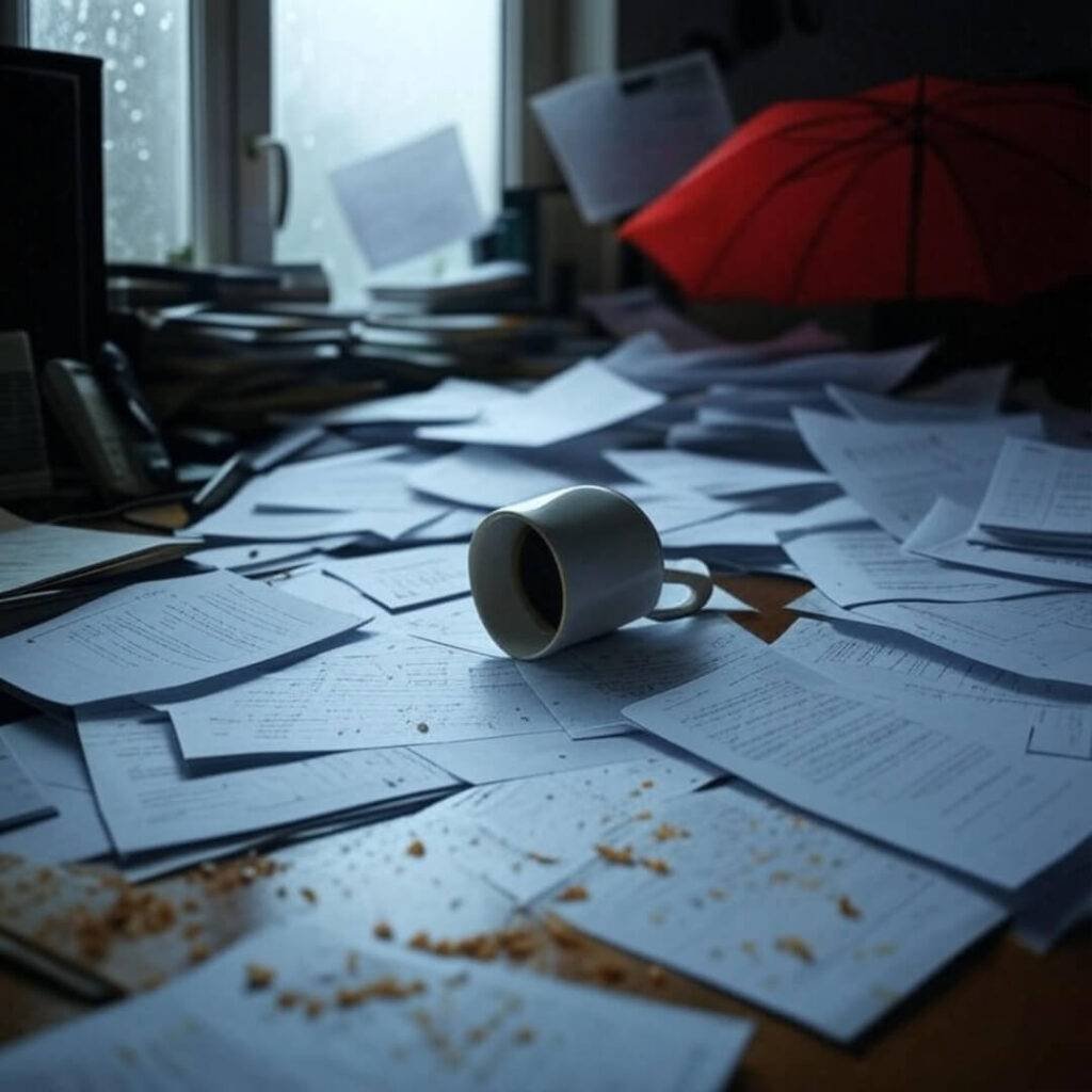 Messy desk, spilled coffee, red umbrella, rain.