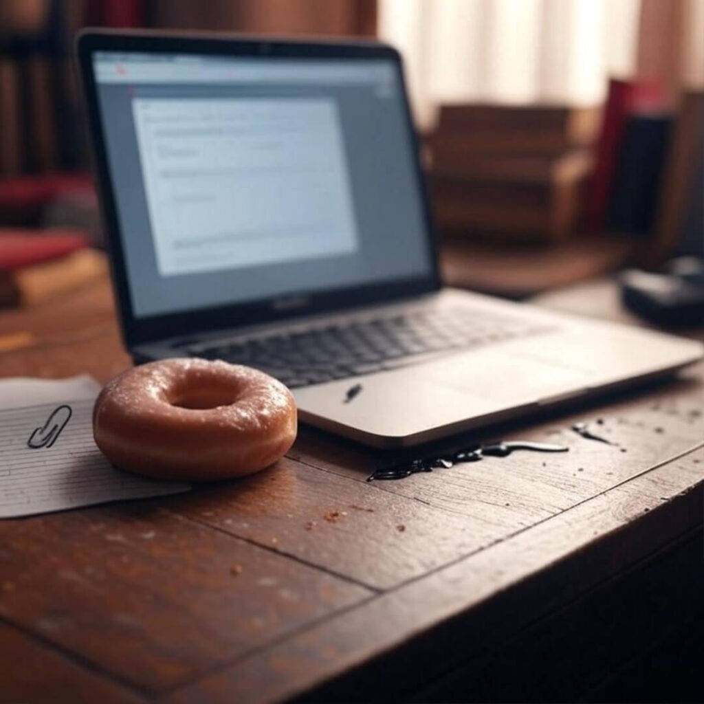 Cluttered desk, will template, donut, leaking pen, bent paperclip.