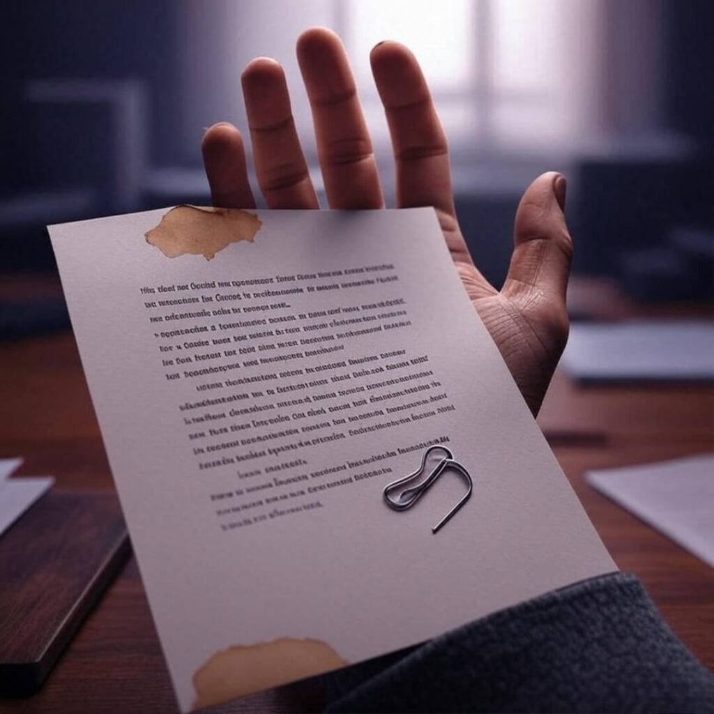 Hand with ink holding stained custody paper, star clip.