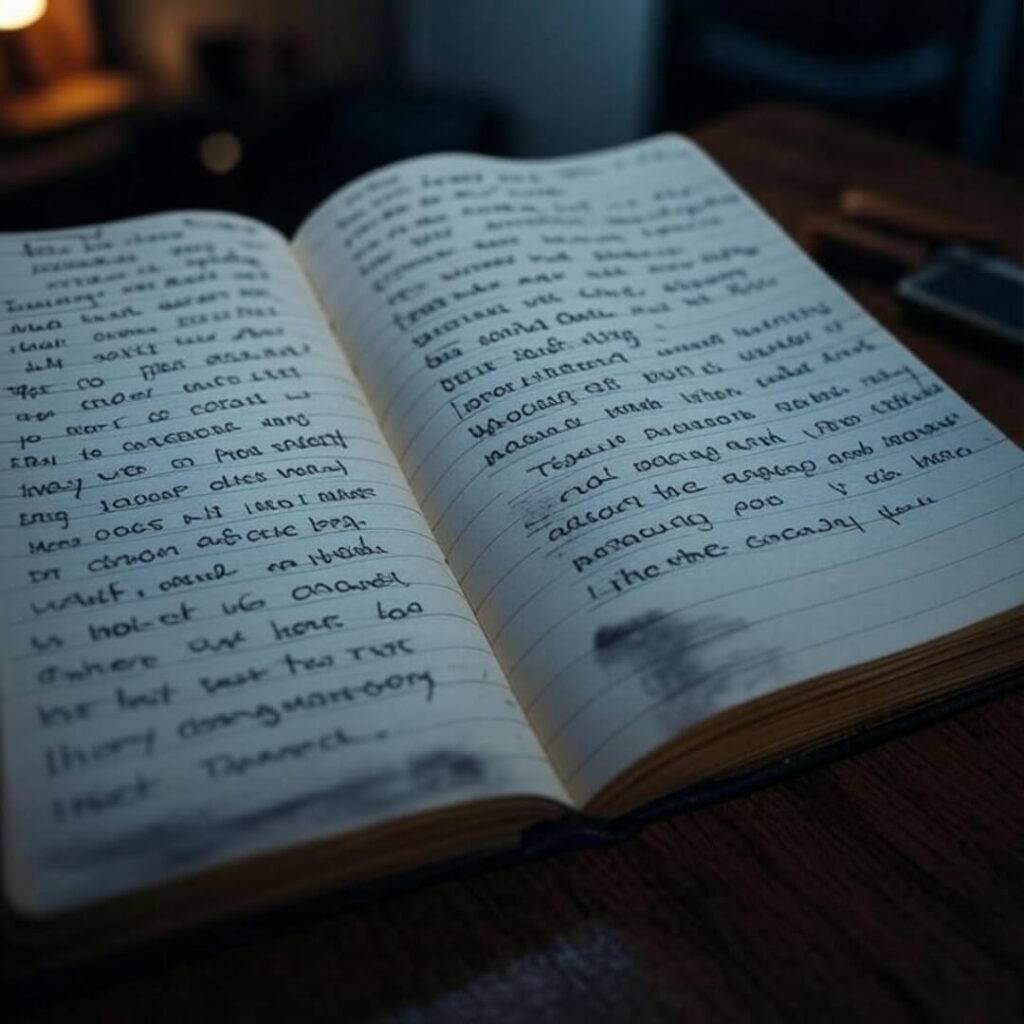 Dog-eared notebook, smudged ink, frantic anxiety rant.