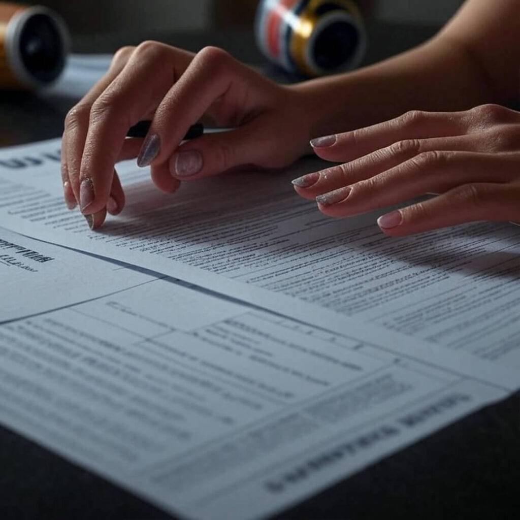 Hands with smudged nails over USCIS forms, drink spilled.