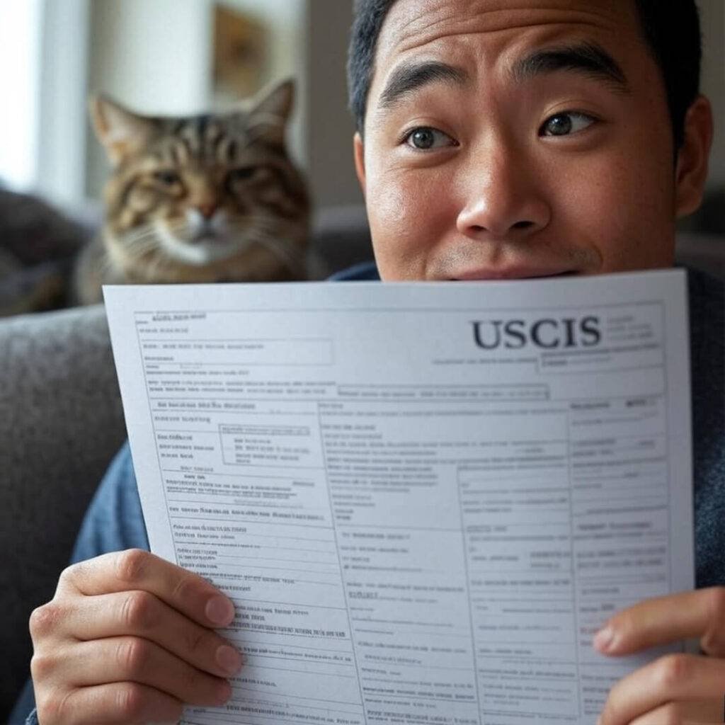 Shaky selfie holding USCIS form, cat photobombs unimpressed.