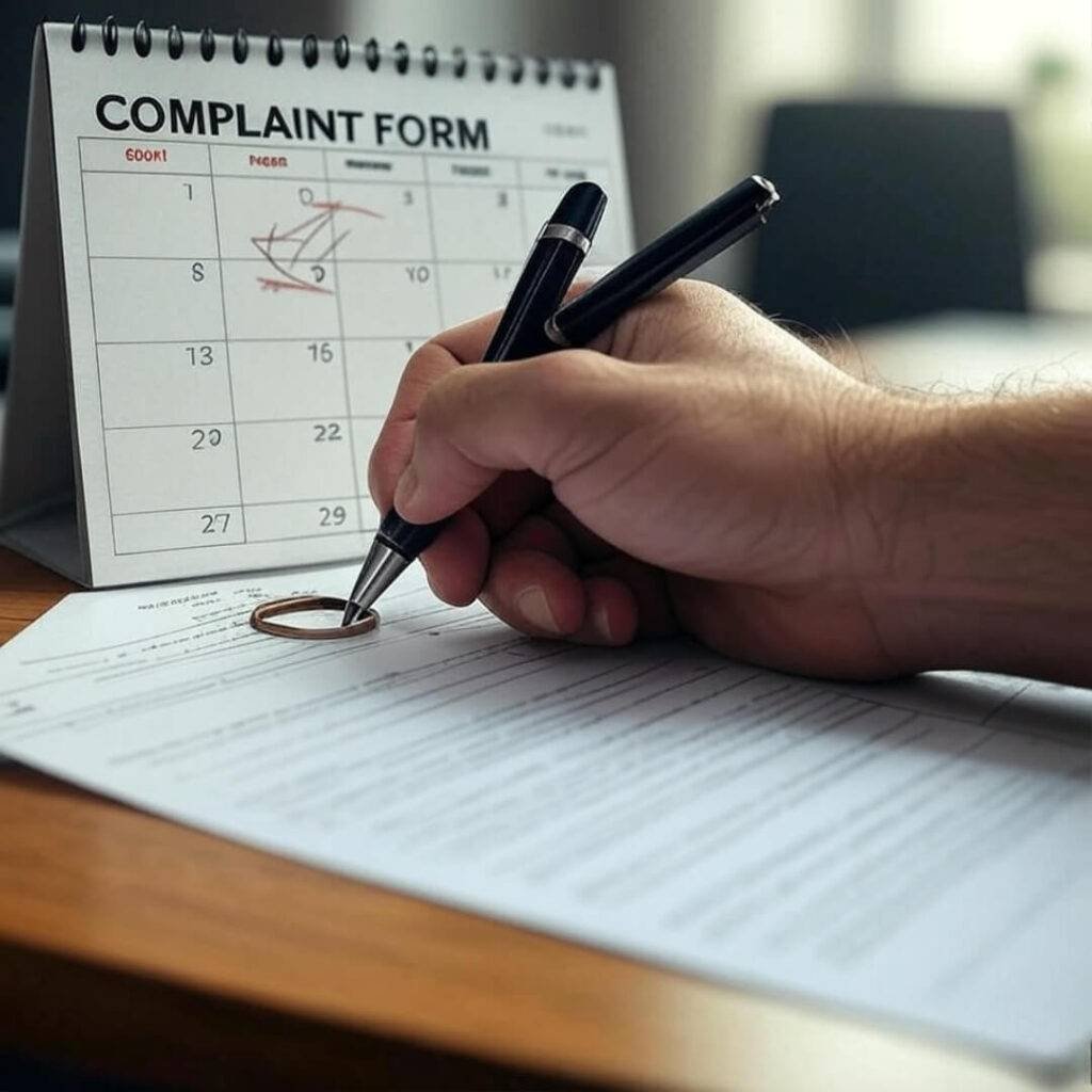 Shaky hand signing complaint form, coffee ring, calendar.