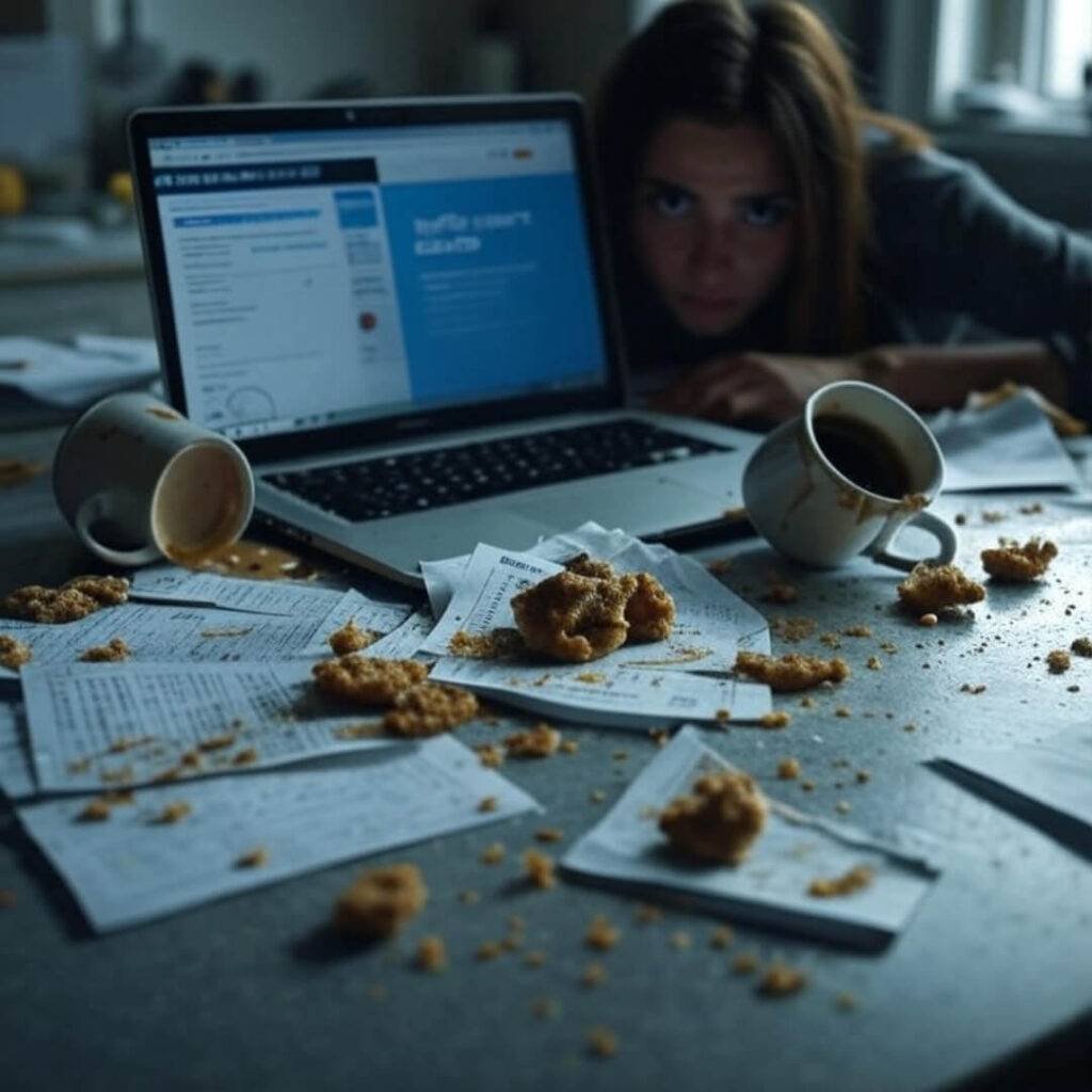 Exhausted person, messy table, laptop, spilled coffee.