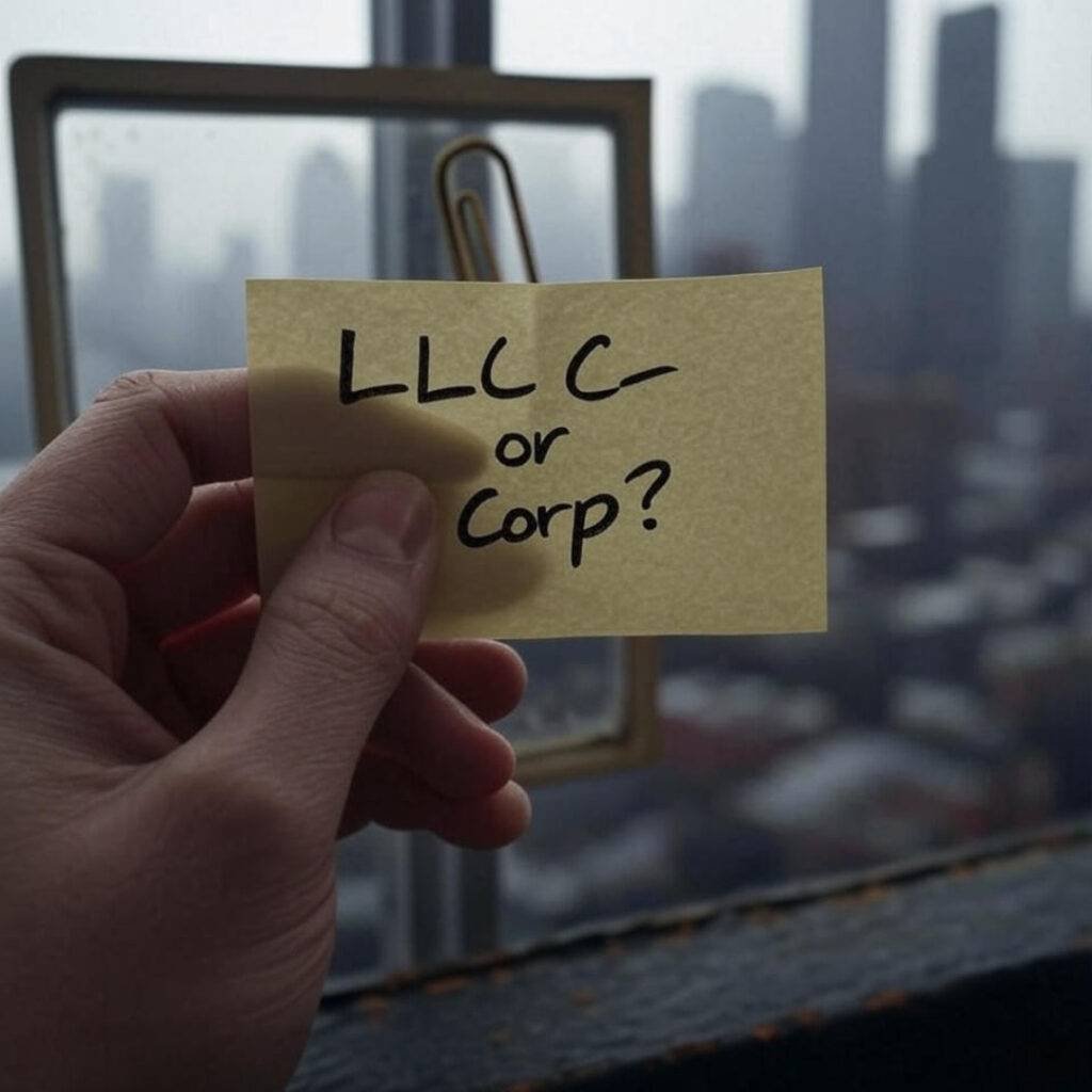 Shaky Post-it with "LLC or Corp?" and Brooklyn skyline.