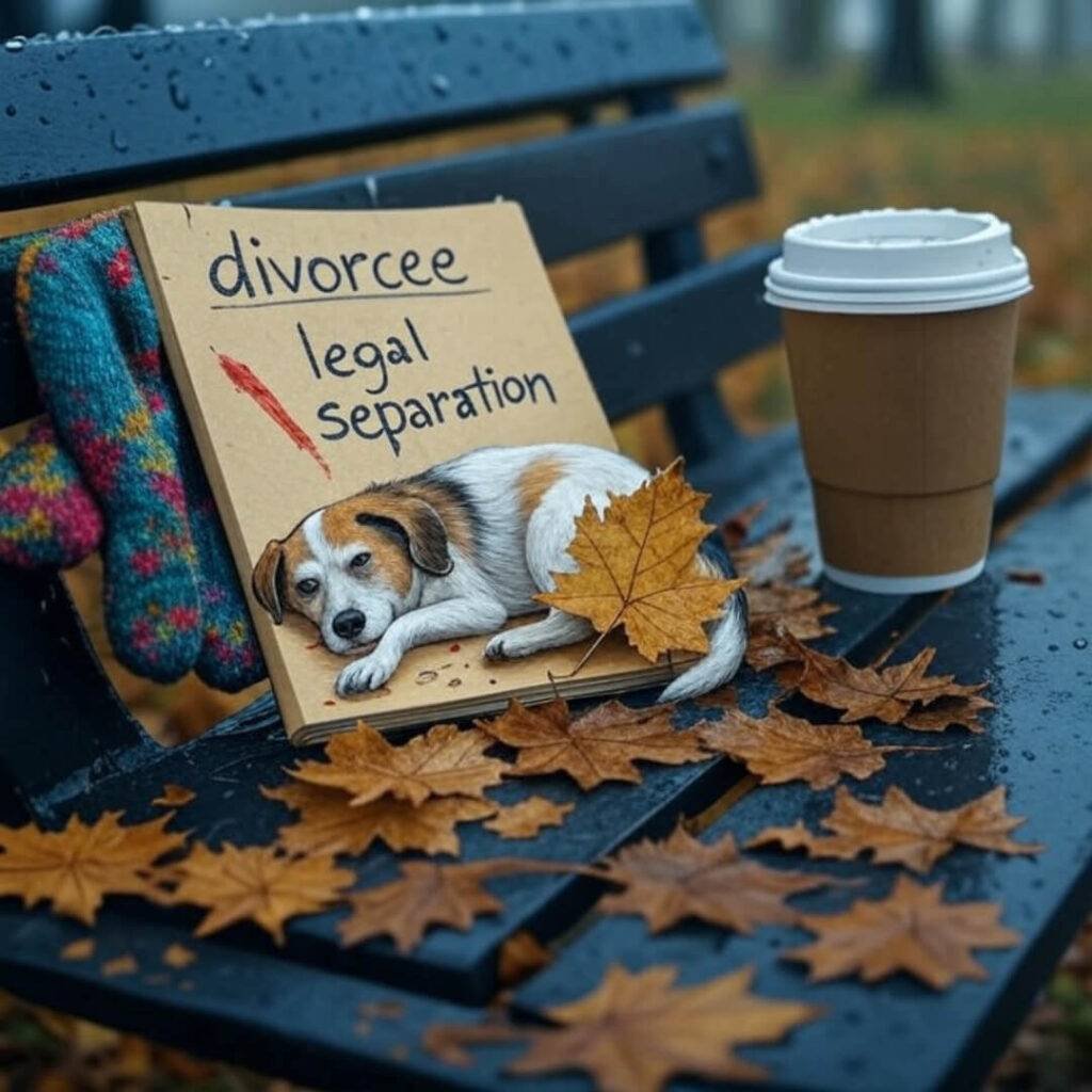 Scribbling my brains out on divorce vs. legal separation, rain starting to spot the pages.