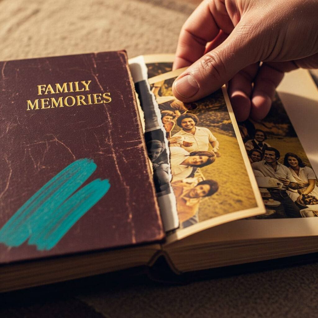 A shaky hand flipping a ripped family photo album.