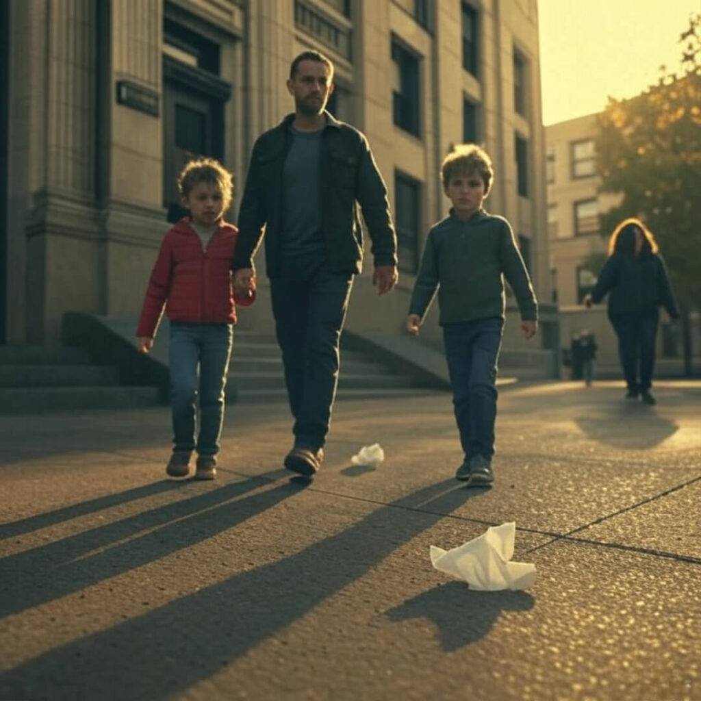Faded parent and kid exiting courthouse, crumpled tissue.
