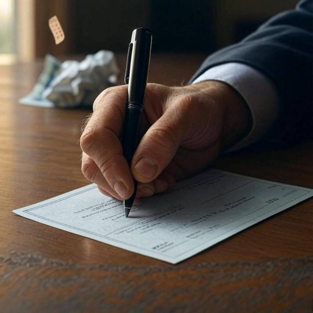 Signing that personal injury settlement check—relief, but so much damn paperwork.