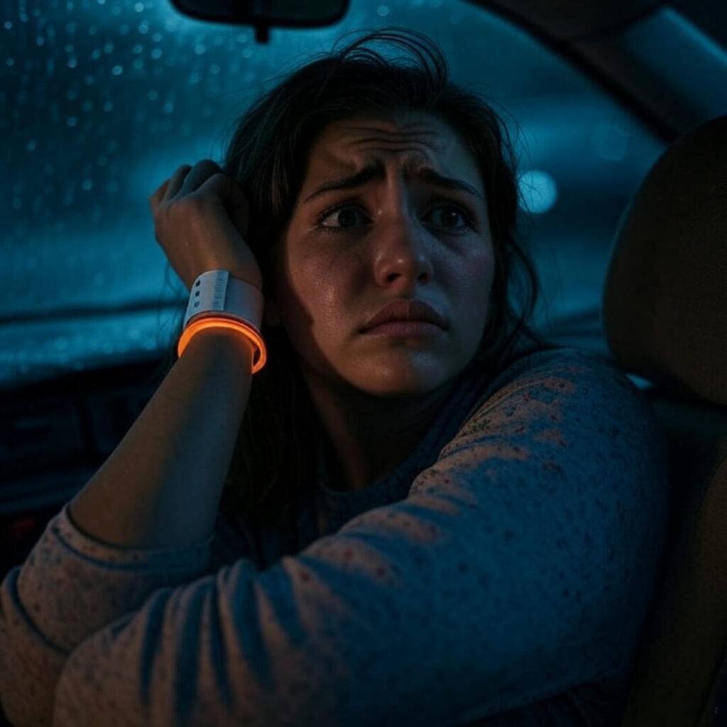 Slumped driver, cracked windshield, rainy anxiety, hospital band.