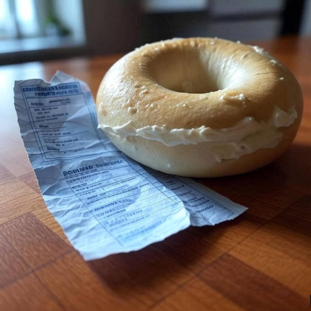 A crumpled license beside a cream cheese-smeared bagel.