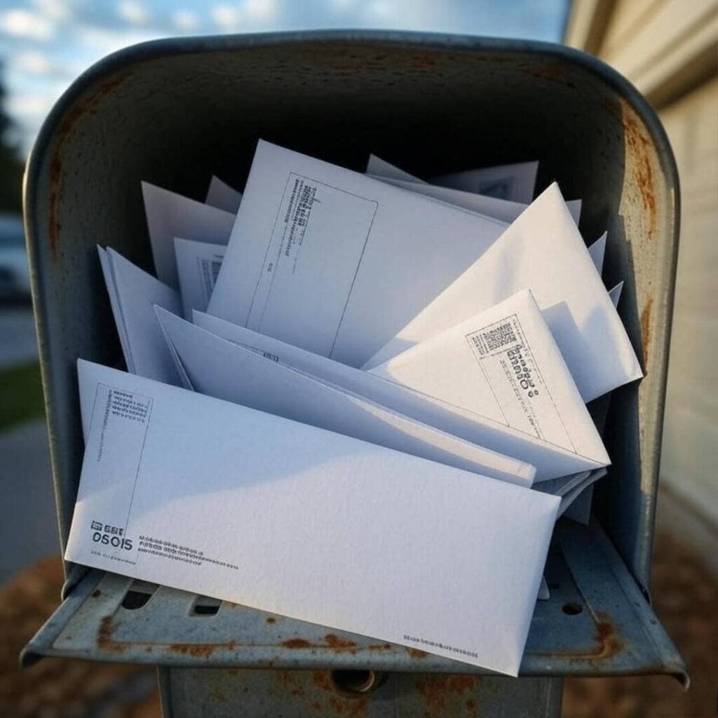 Overstuffed mailbox with ripped USCIS envelopes, dramatic shadows.