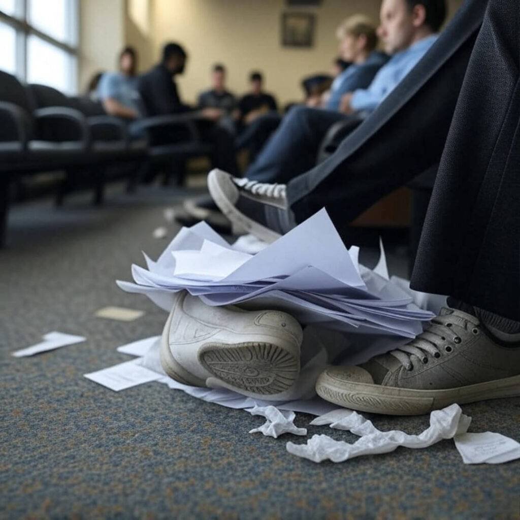 USCIS waiting room, sneaker foot, papers spilling out.