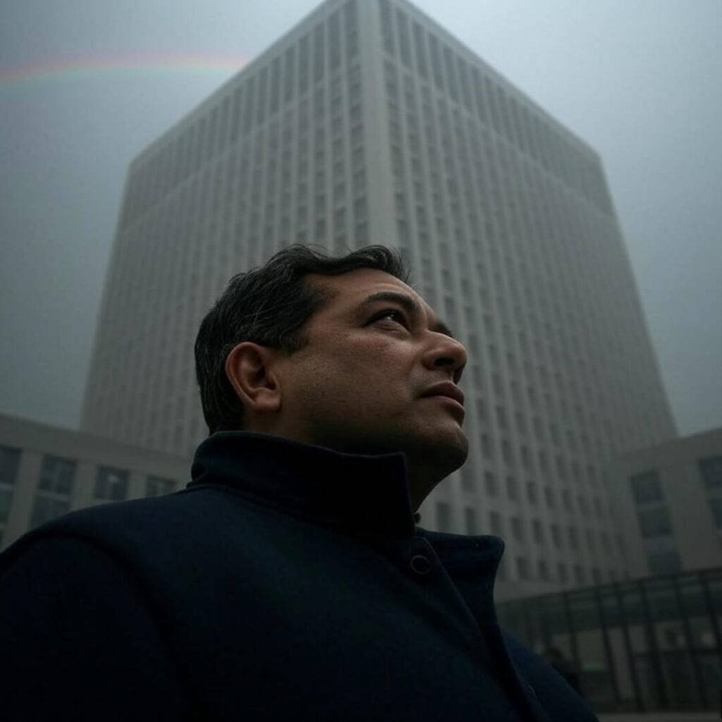 Crooked view of a government building, with a tiny rainbow peeking.
