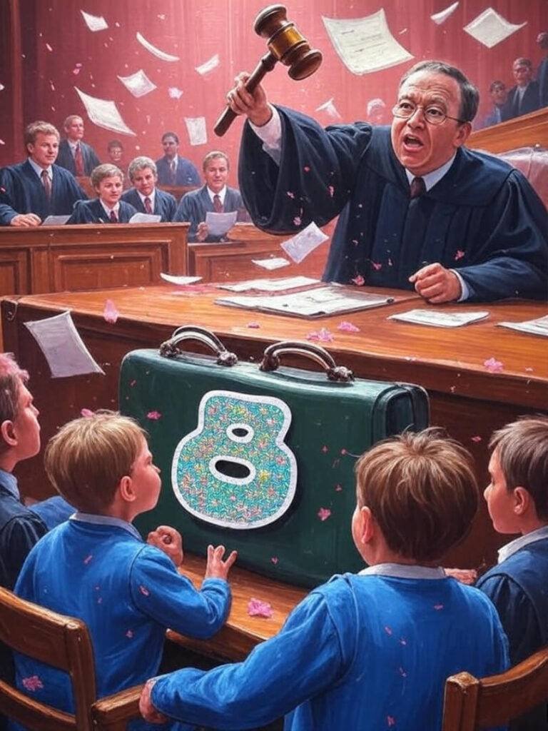 Chaotic courtroom sketch, gavel swinging, glittery sticker briefcase.