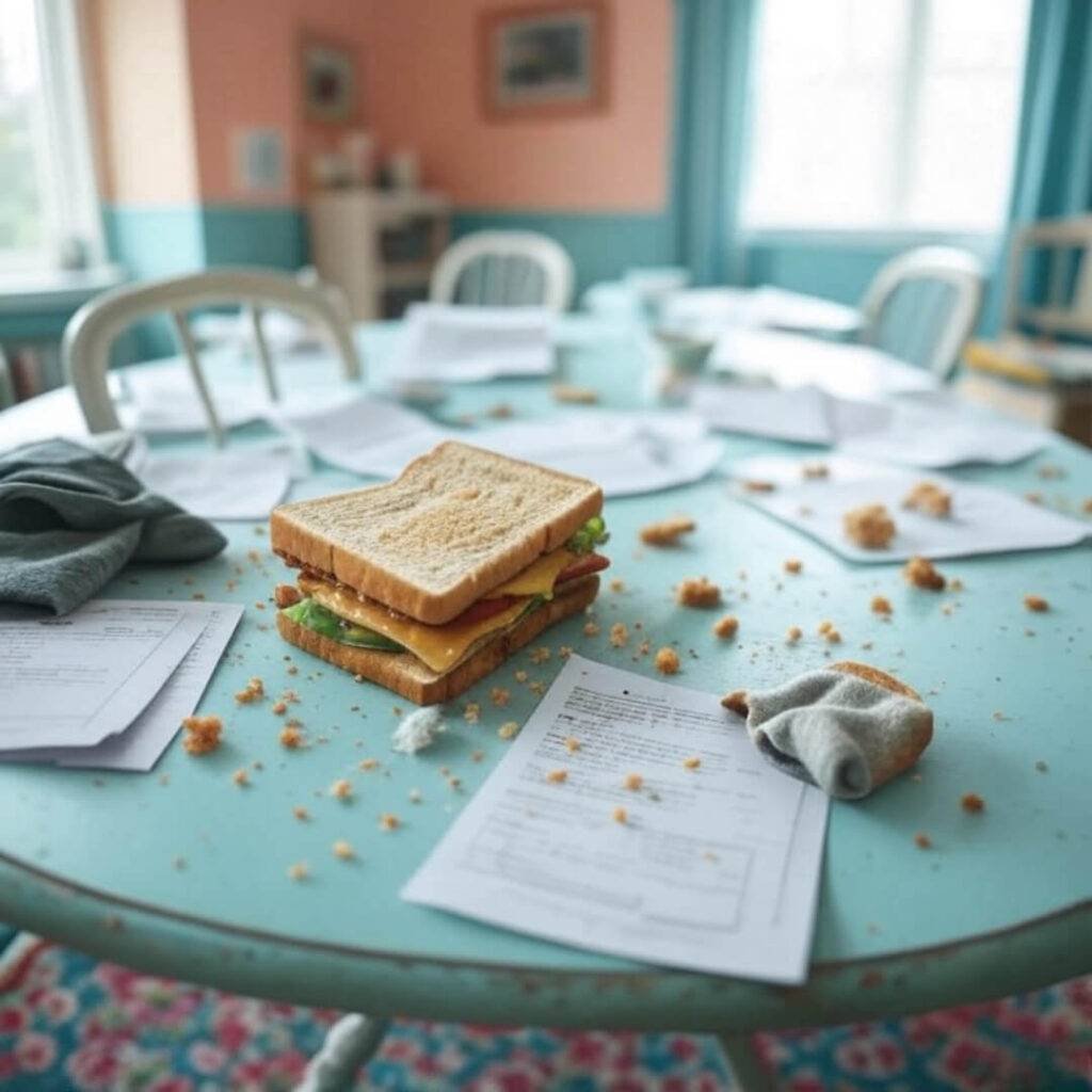 Cluttered table with sandwich, papers, sock.