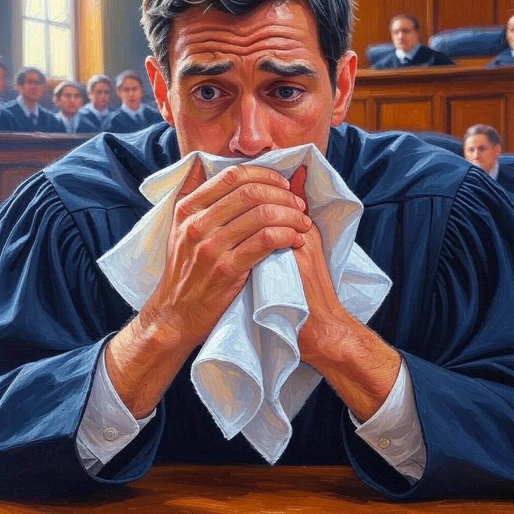 Impressionistic courtroom, plaintiff fumbling, napkin twisting.