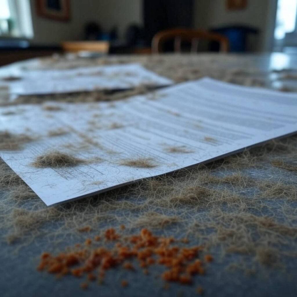 Blurry policy with cat hair and grease stains.