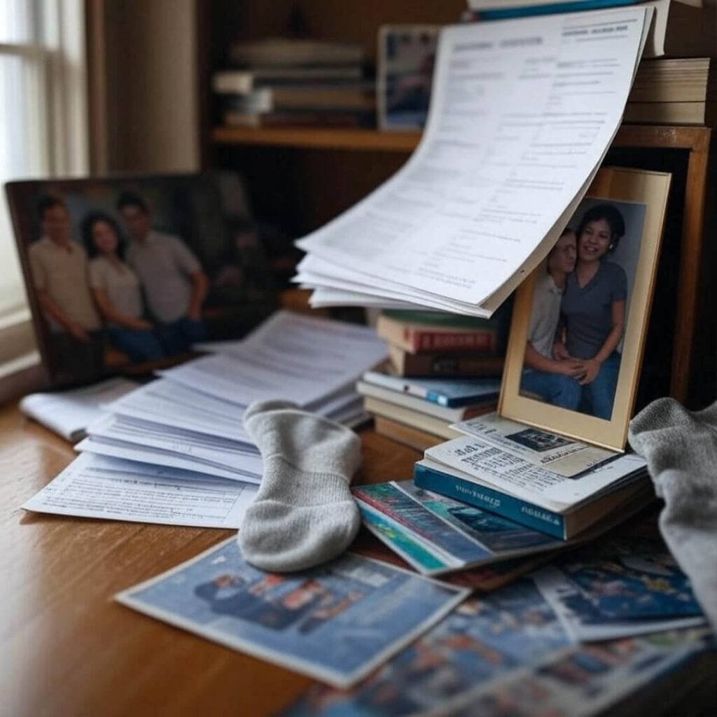Crooked photo, papers, and sock on cluttered shelf.