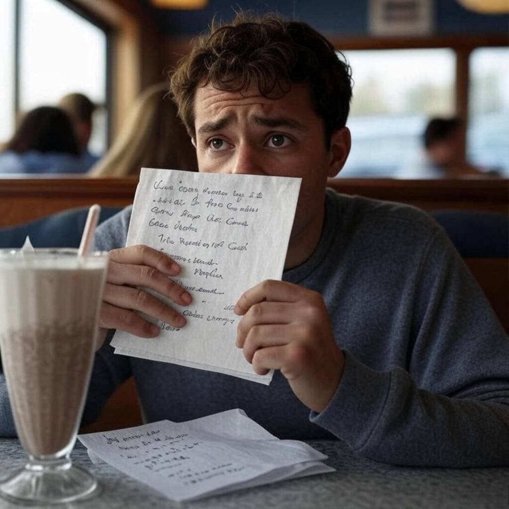 Diner scene, scribbling visa notes, milkshake in foreground.