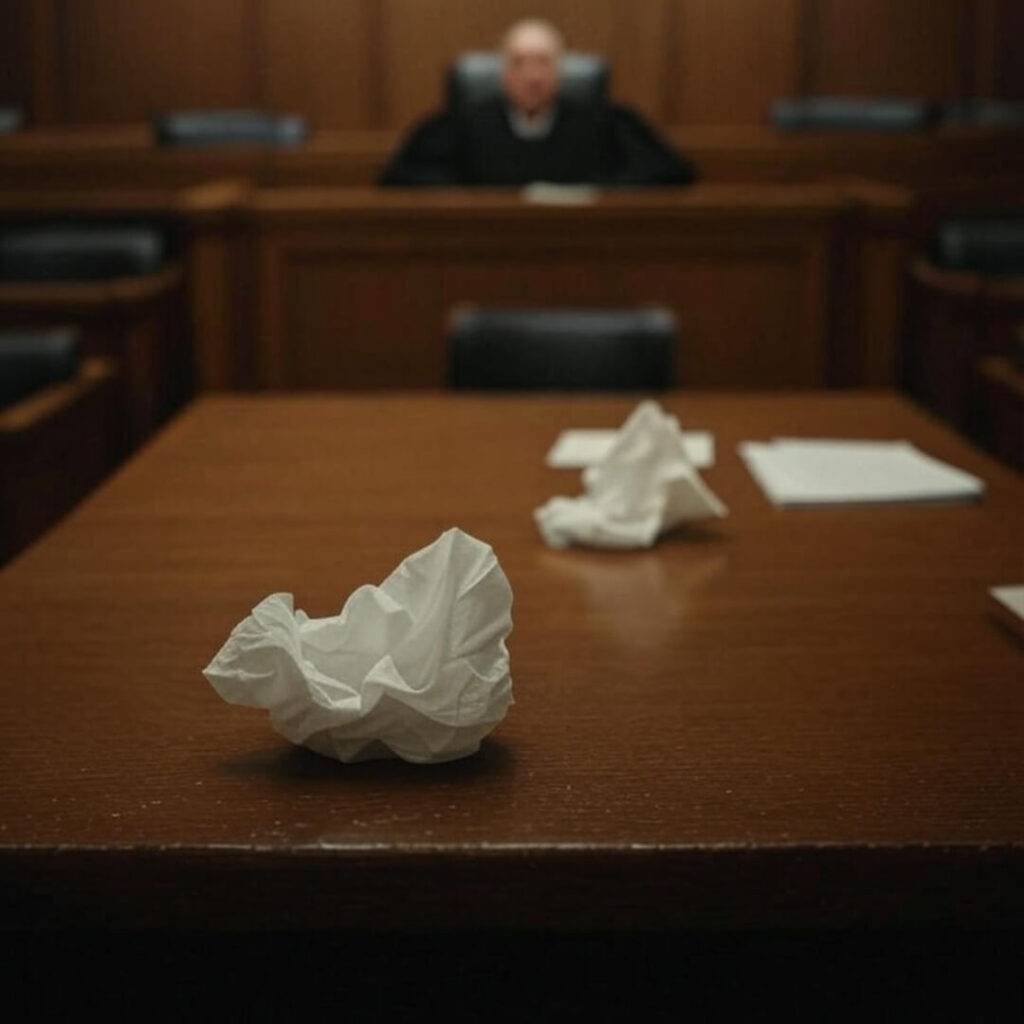 My nervous view in small claims court—ready to spill my guts (and my papers).