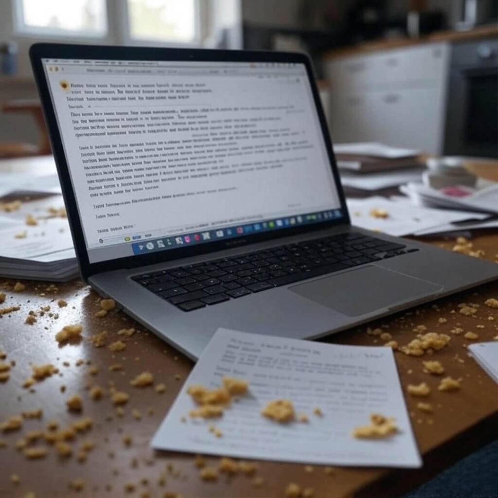 Grainy laptop email, chip crumbs on the kitchen table.