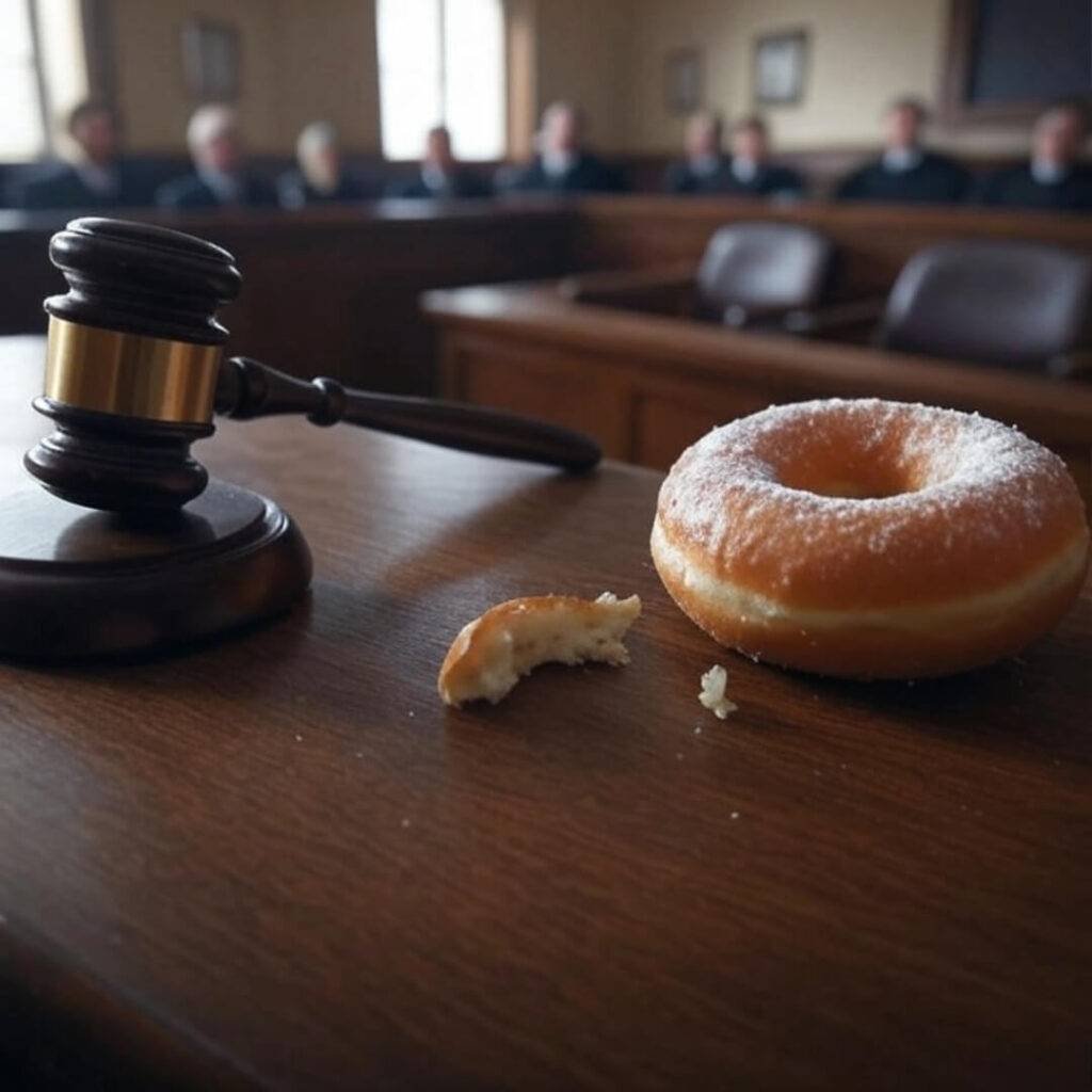Tilted courtroom, gavel, half-eaten donut, nervous view.