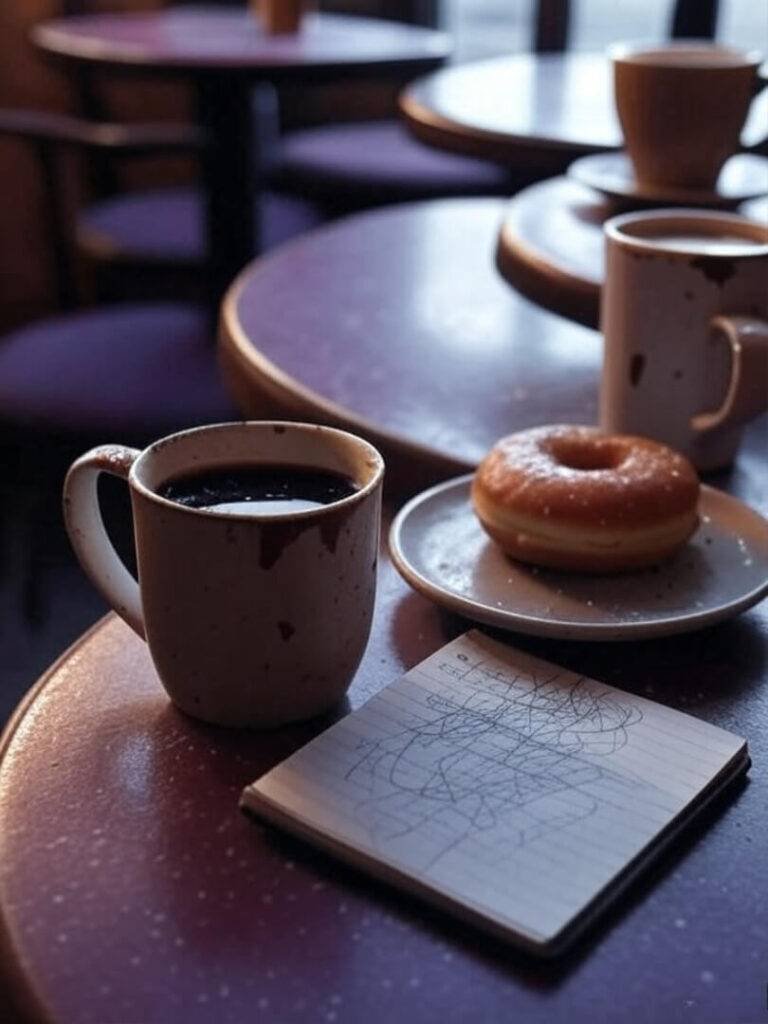 Chipped mug, half-eaten donut, notepad with legal scribbles.