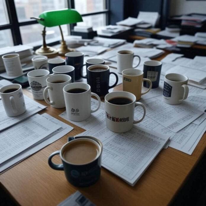 Messy startup desk with crumpled non-disclosure agreement, hopeful yet snarky vibe.