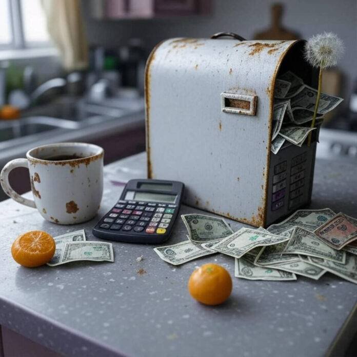 Blurry kitchen counter with bills, a calculator, a mug, and a dandelion.