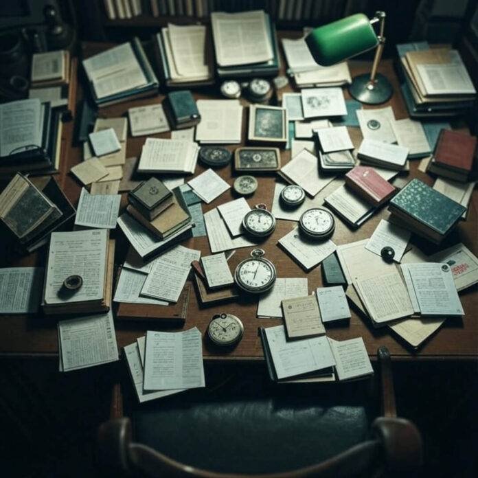 Vintage desk scene with notebook for living will, evoking bittersweet end-of-life reflection.