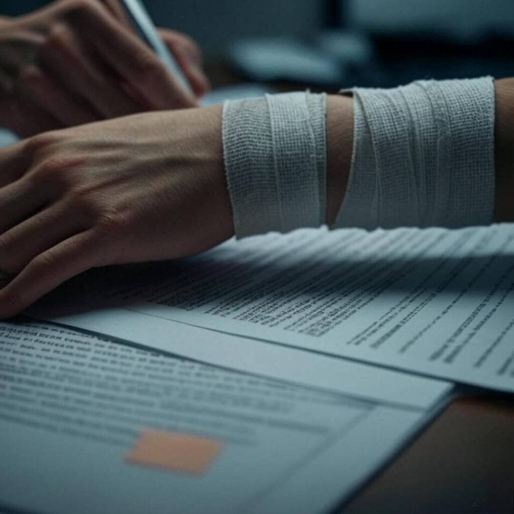 Me, trying not to mess up signing my injury claim forms.