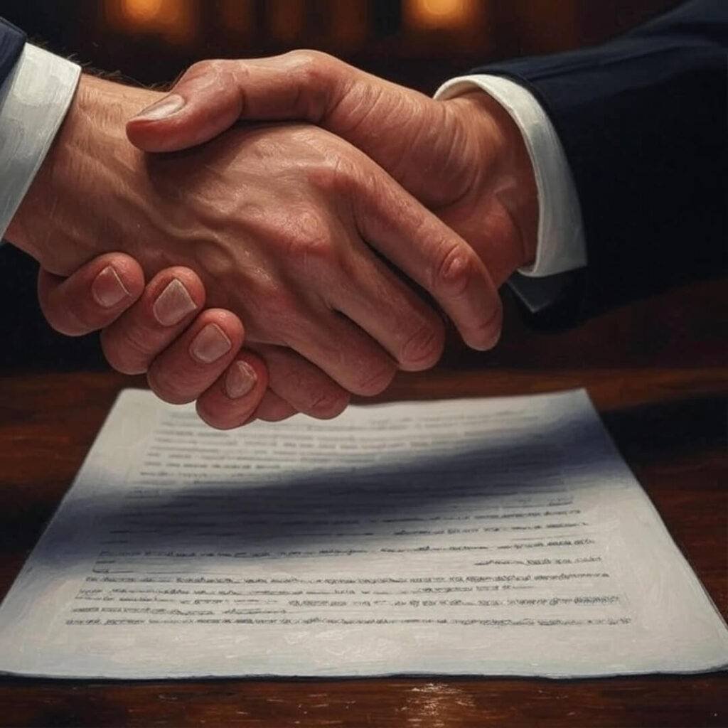 Awkward Handshake Over a Contract.