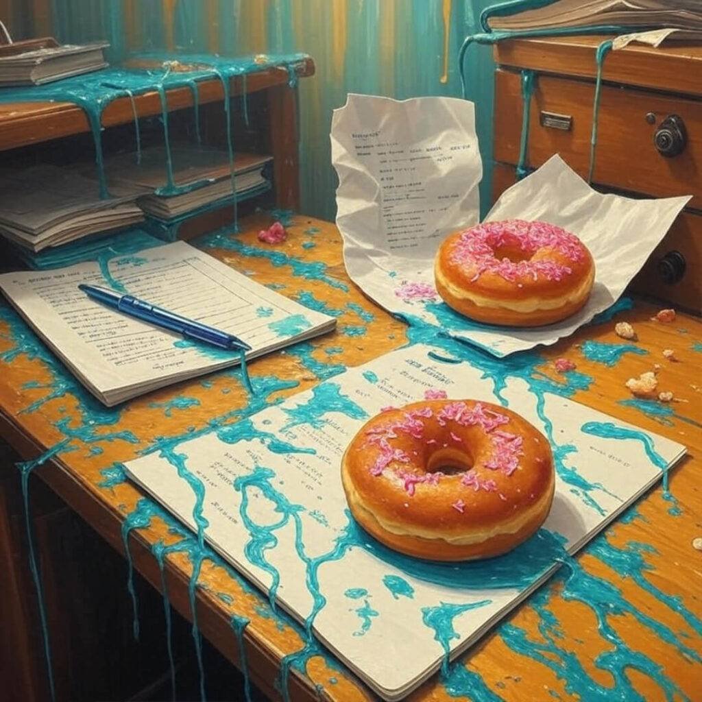 My desk during the litigation chaos—donuts and despair.