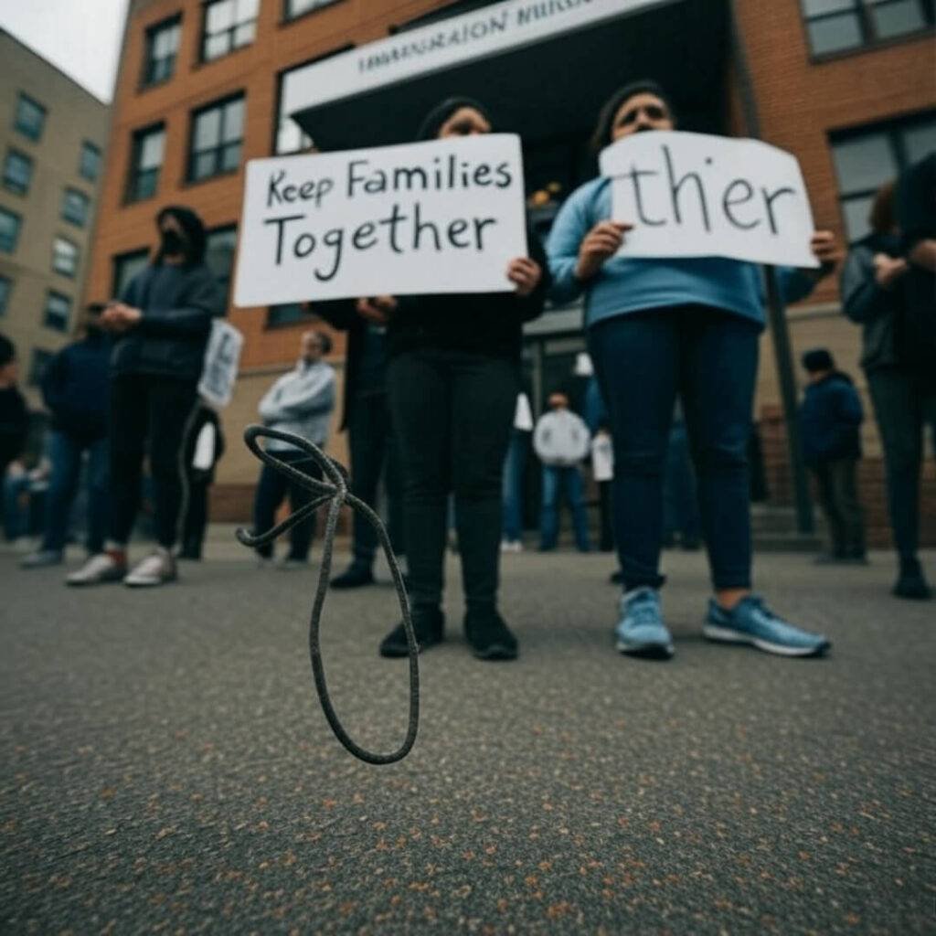 Shaky protest, "Keep Families Together" sign, untied lace.