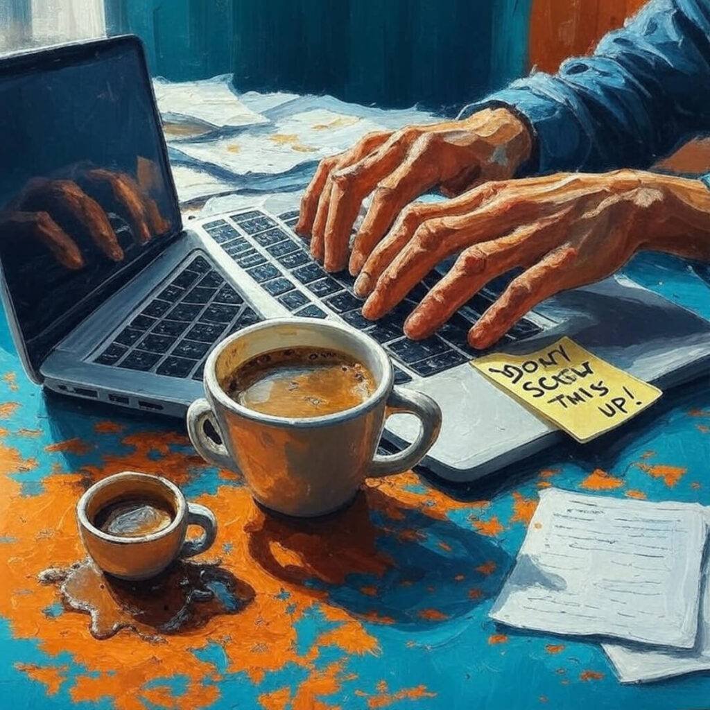 Shaky hands, laptop, spilled coffee, sticky note.