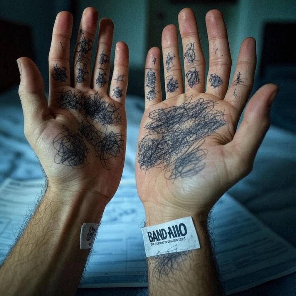 Crooked hands scribbling bankruptcy forms, Band-Aid visible.