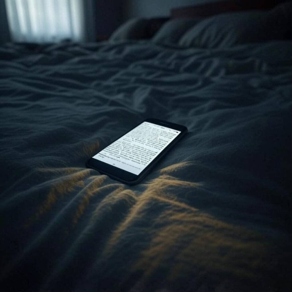 Smartphone on bed displaying living will info, capturing sudden vulnerability.