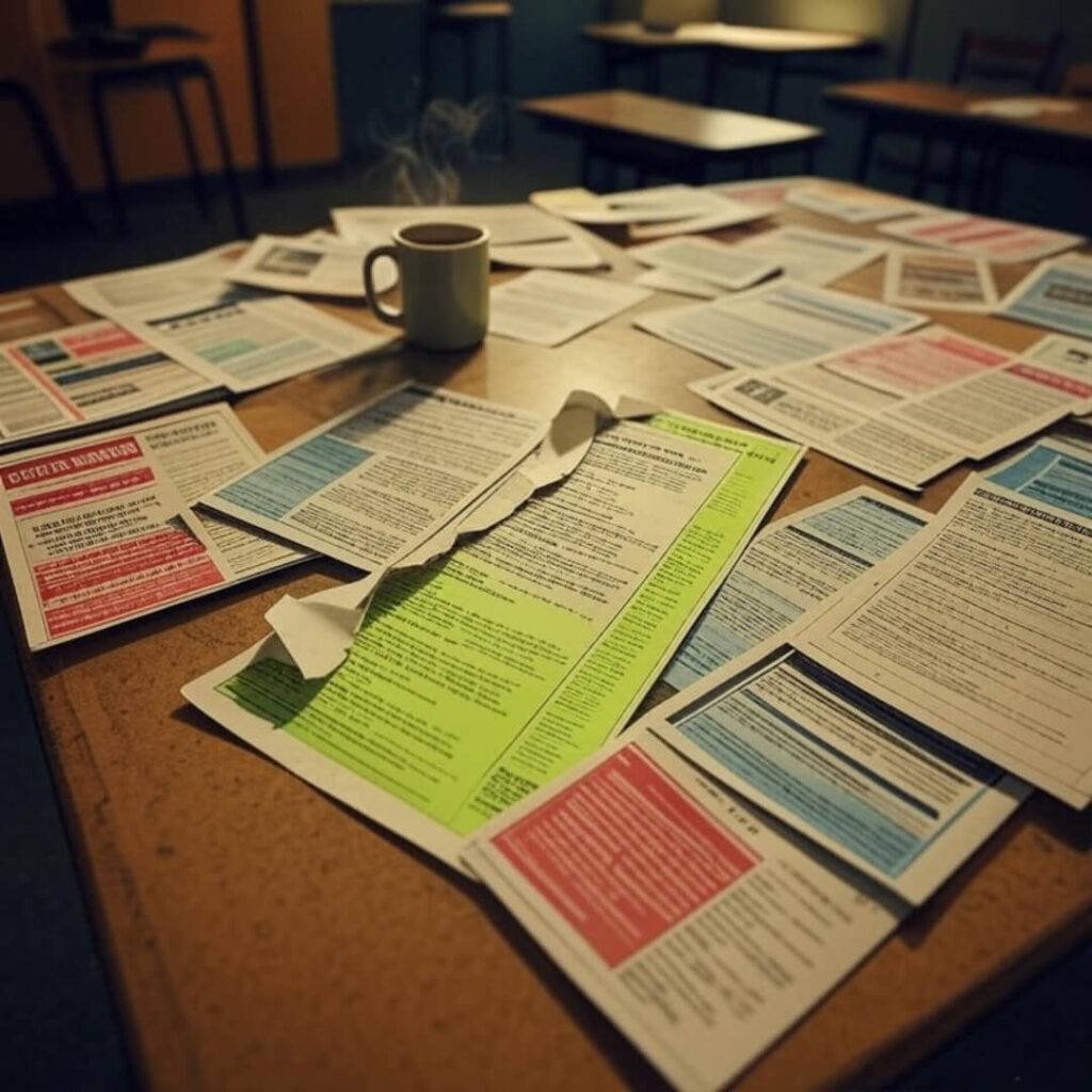 Cluttered table, torn flyer, steaming chipped mug.